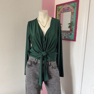 New Mode USA Dark Green Long Sleeve Tie Detail Slouchy Top